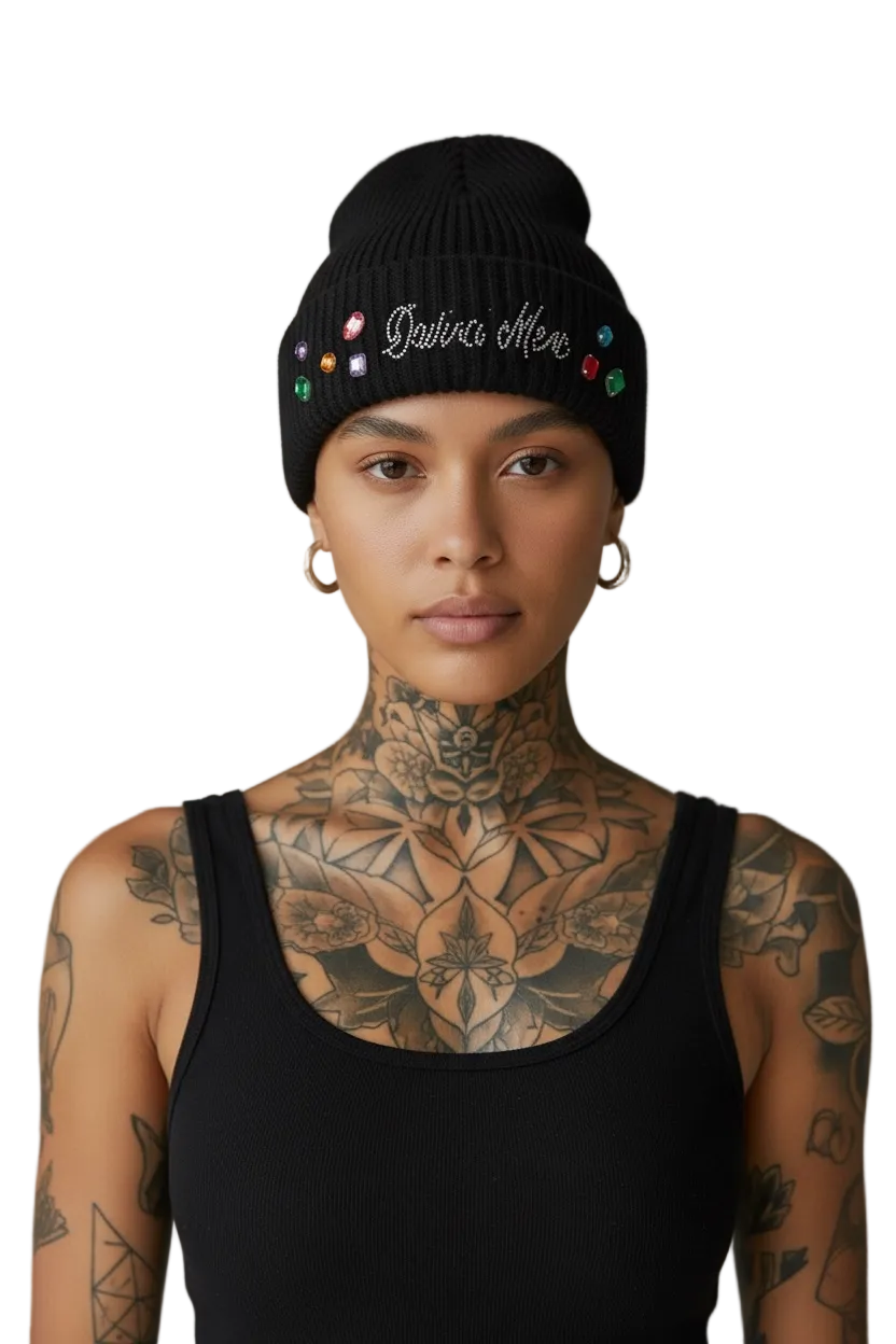 RHINESTONE EMBELLISHED BEANIE - BLACK